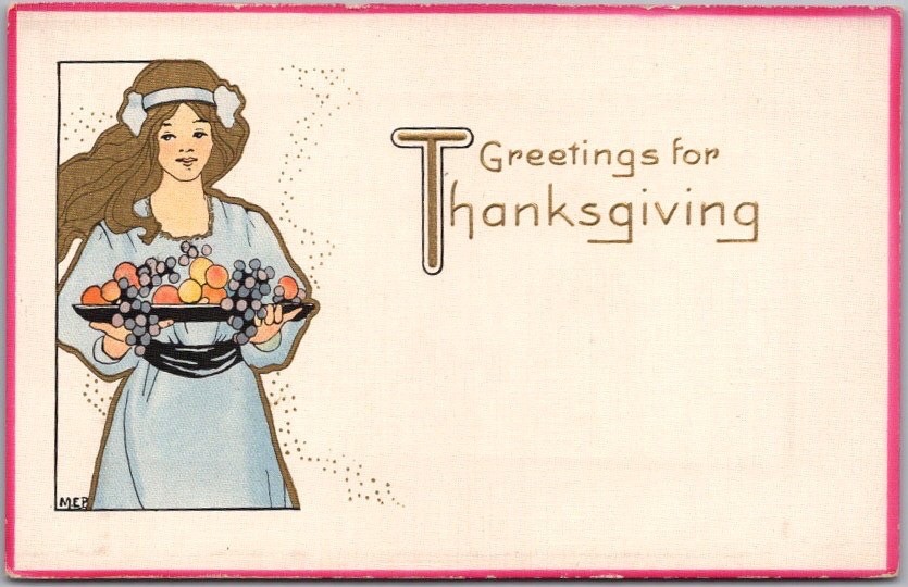 c1910s TR / Rose Co. THANKSGIVING Postcard Woman with Fruit Bowl / Art Deco