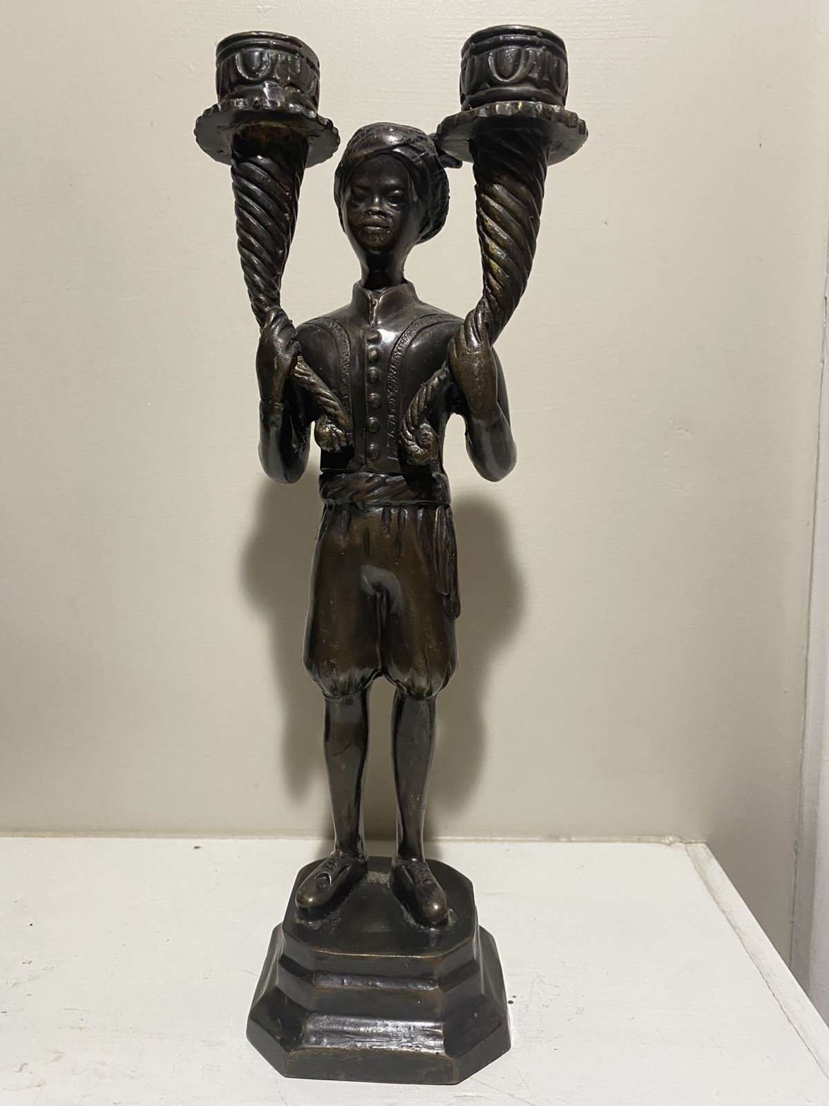 Rare Antique Bronze Blackamoor Figure Candle Holder 11.5” Excellent Condition