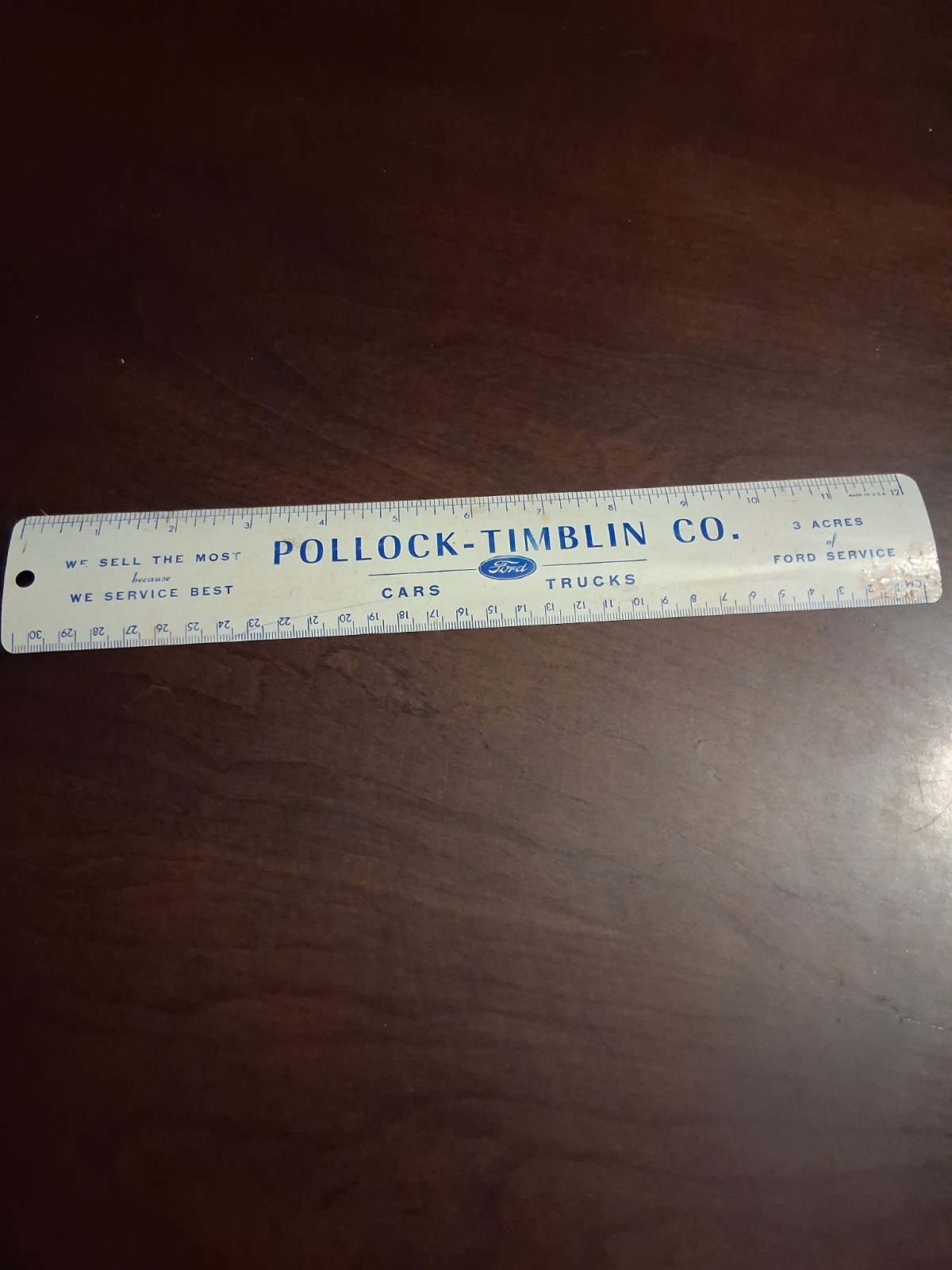 POLLOCK TIMBLIN FORD DEALERSHIP, SHARON PA, VINTAGE METAL ADVERTISING RULER