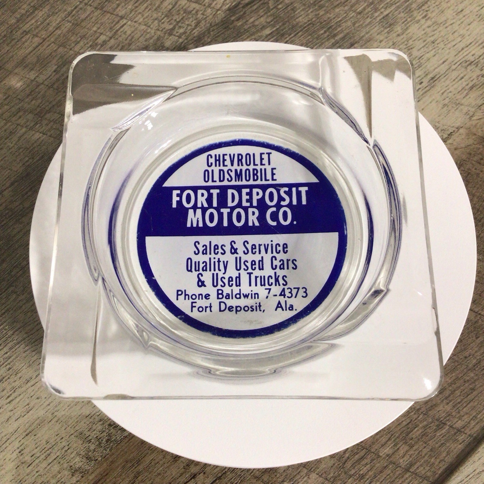 Vintage Fort Deposit Motor Co Chevrolet Oldsmobile Glass Advertising Ashtray Ala