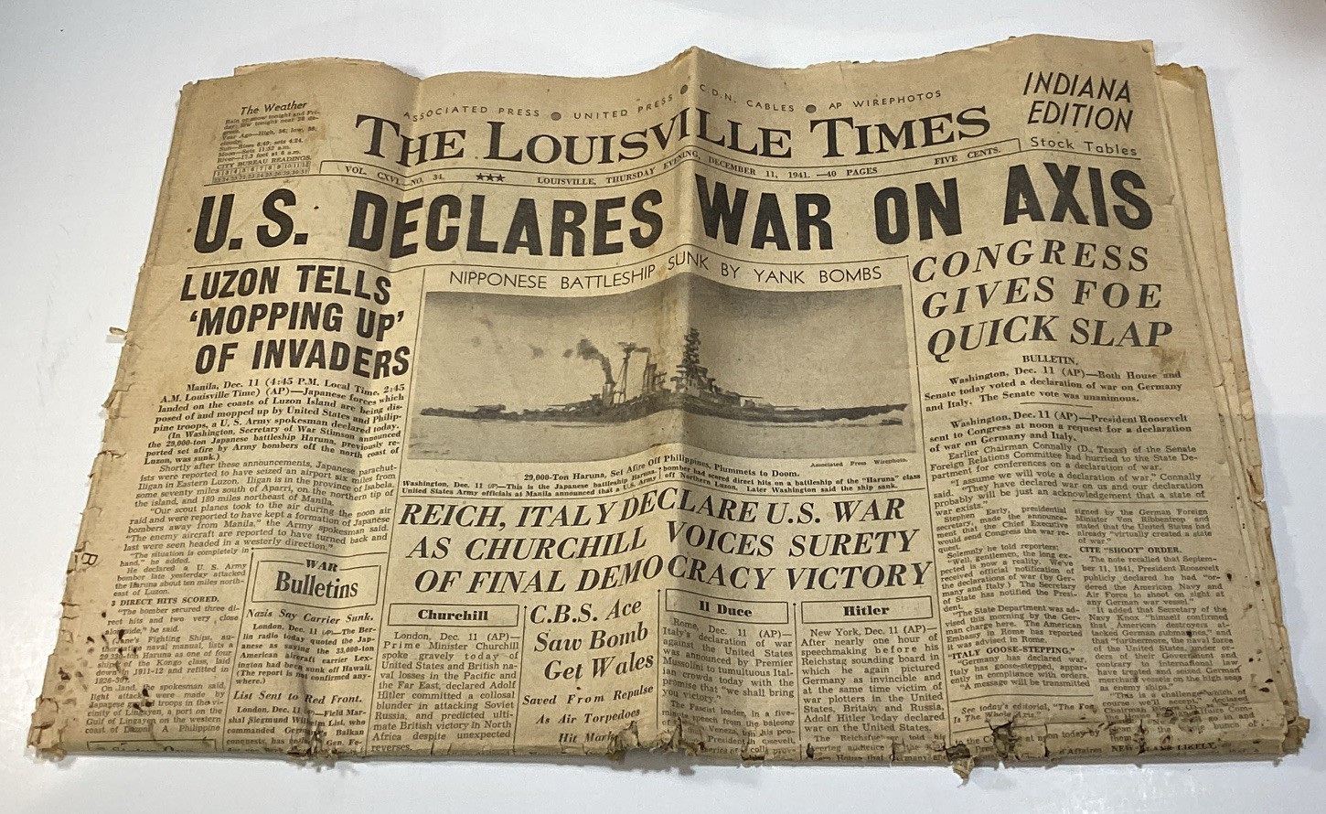 1941 WWII Dec. 11th U.S. DECLARES WAR On Axis Louisville Times  Original Newspap