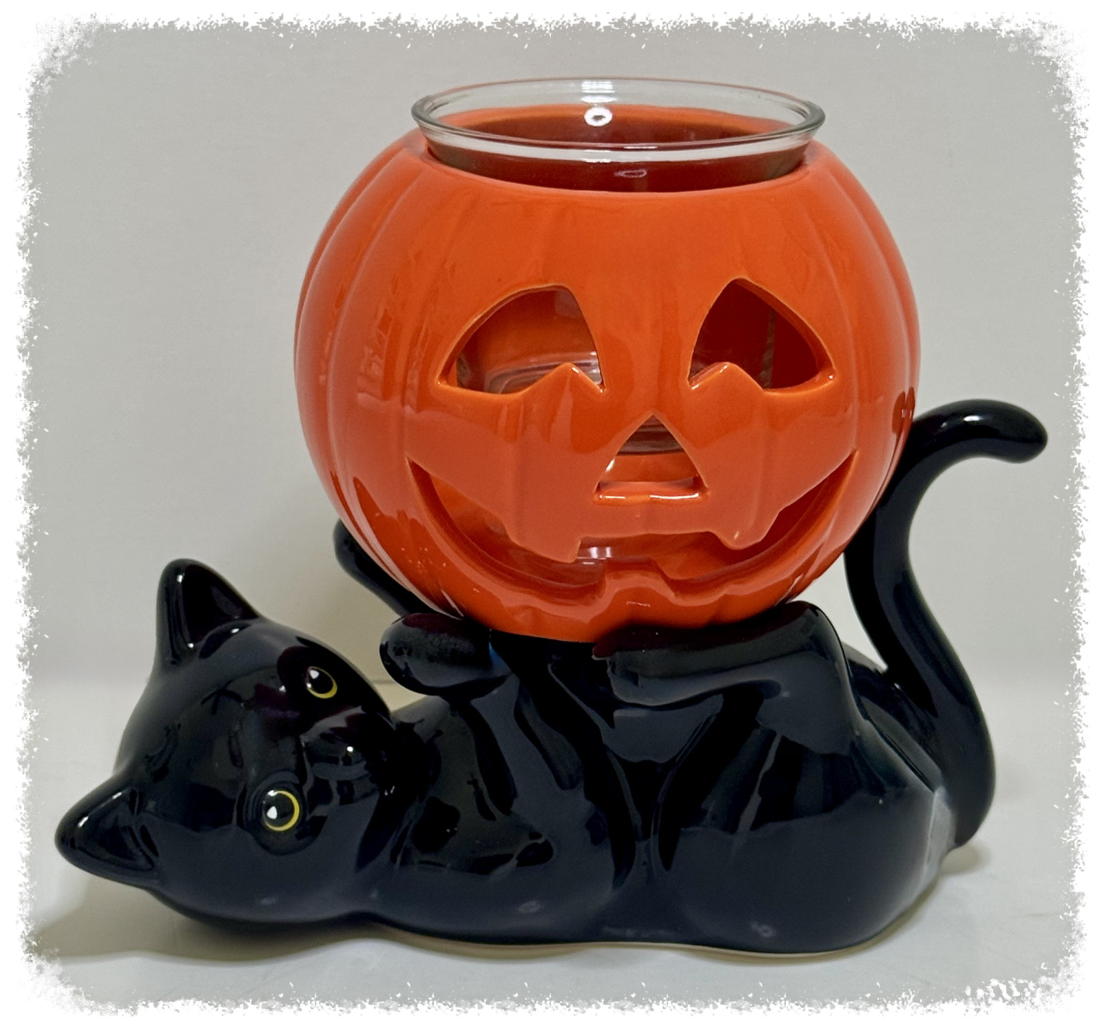 PartyLite Halloween Kitty Votive Holder P93141 Black Cat Pumpkin w Box