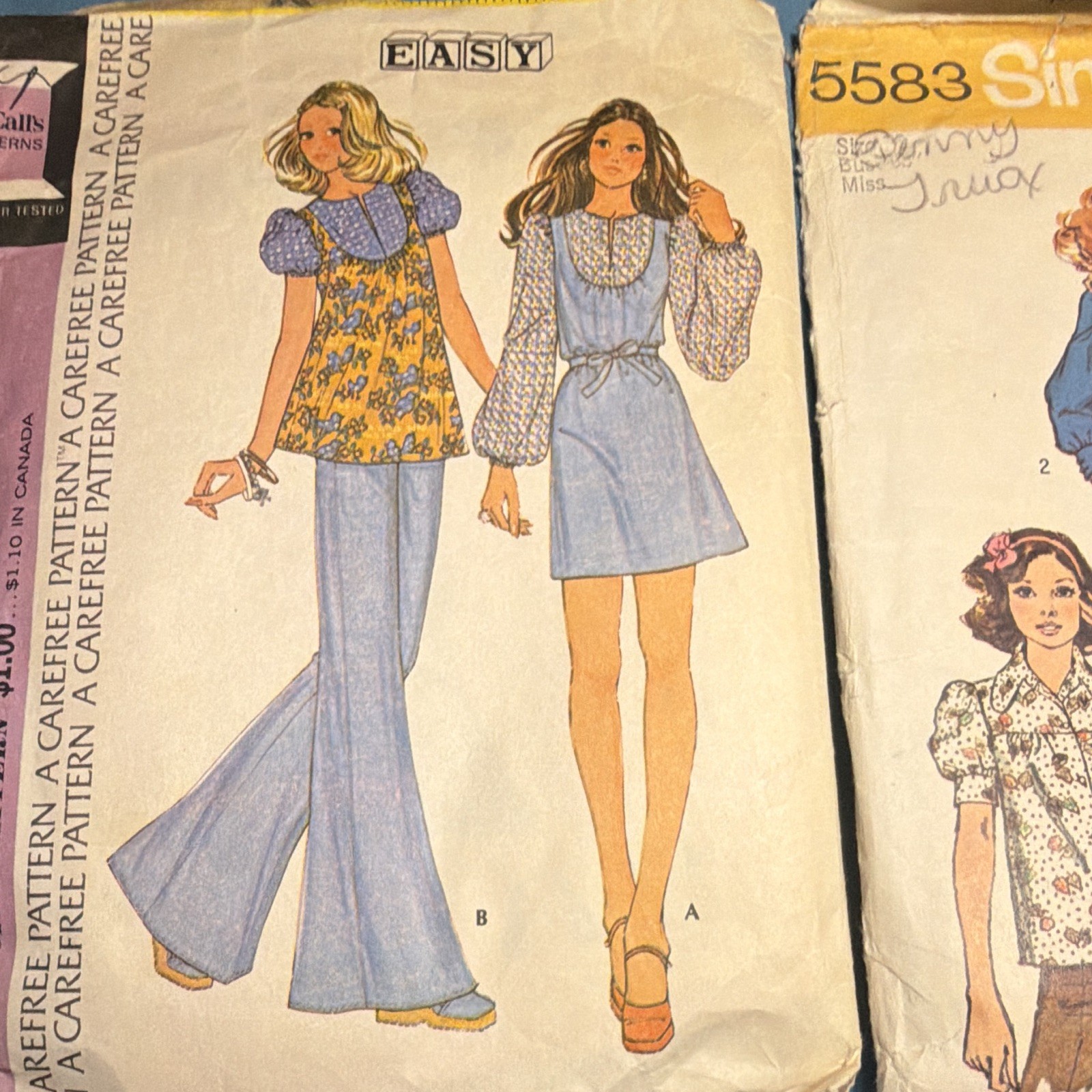 VTG Simplicity 5583, 7057 & McCalls 3683 Patterns Shirt, Dress, Jeans 1970s Cut
