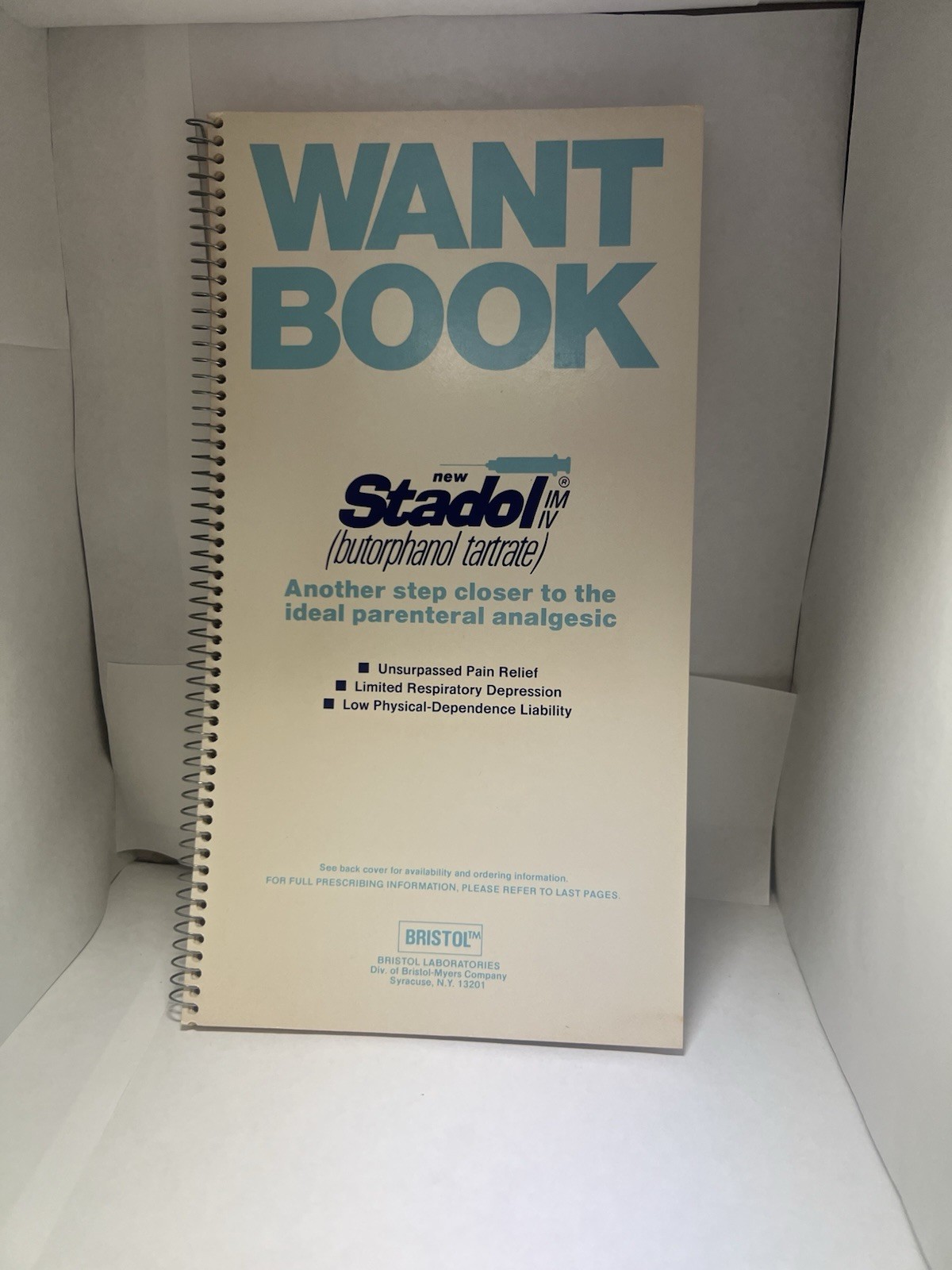 Vintage 1978 Stadol Opioid Promo Want Book - Bristol Labs Pharma Advertising