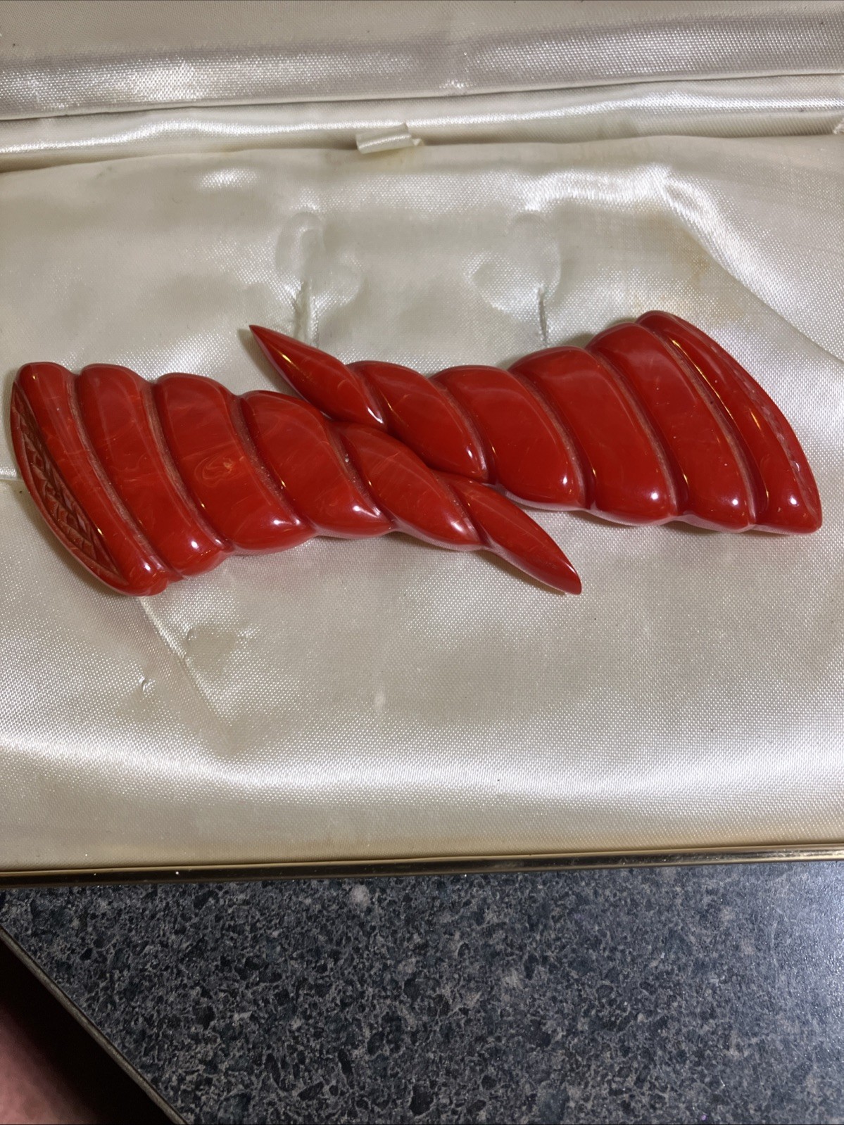 Vintage Bakelite Belt Buckle 2 Pc Carved Red