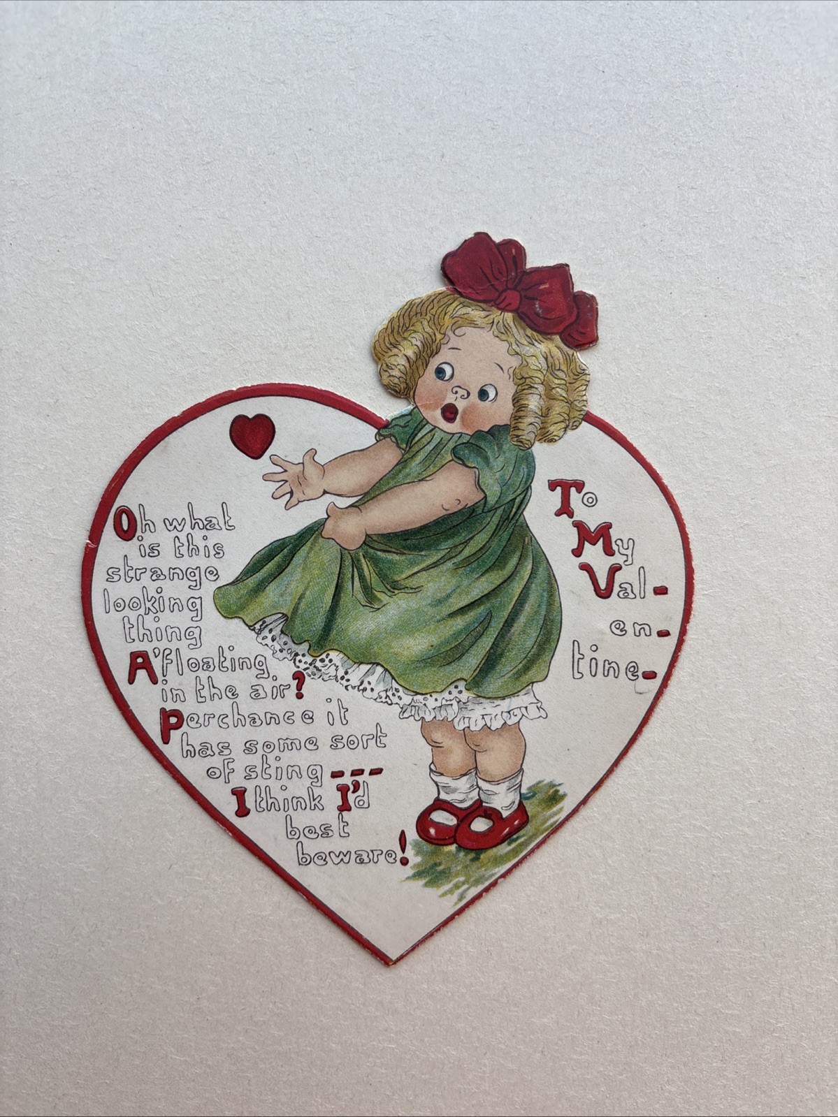 Antique Comic Die Cut Heart Shaped Valentine Card Girl Green Dress Red Bow 1910s