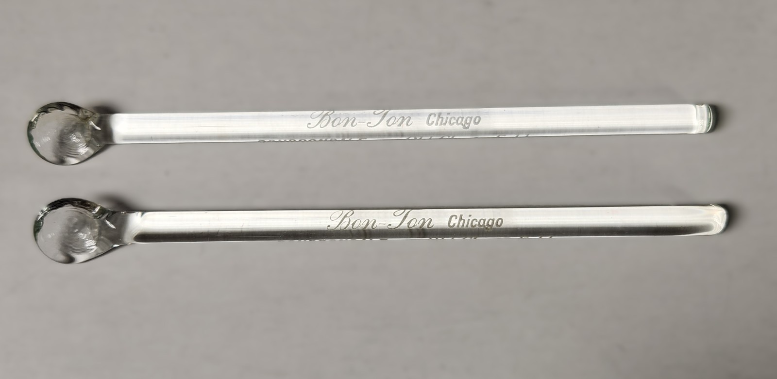 2 Vintage Glass Swizzle Sticks Bon-Ton Chicago Bourbondale Old Chesterfield