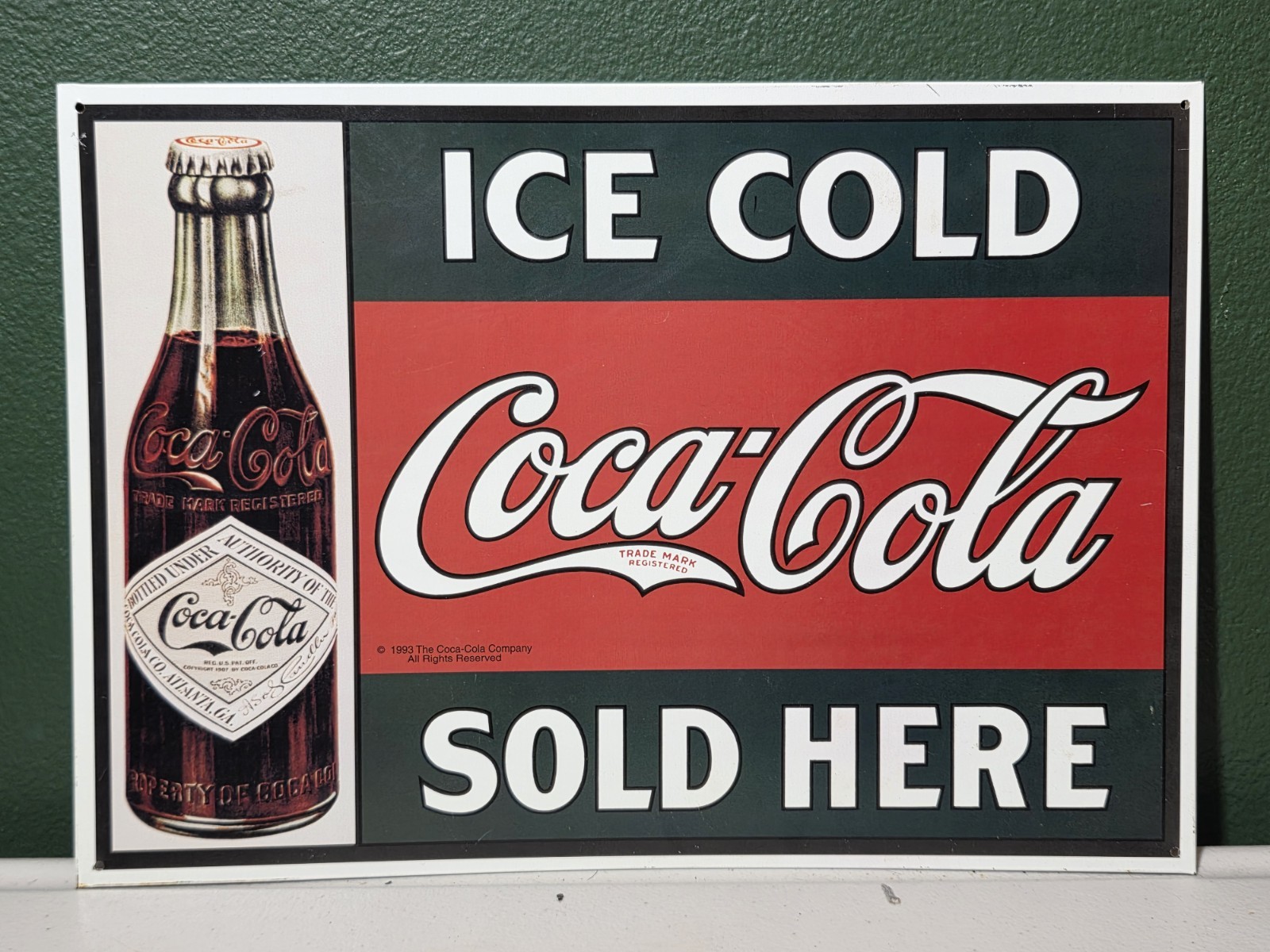 Vintage 1993 Coca-Cola Metal Sign Ice Cold Sold Here Decor Retro Soda Pop