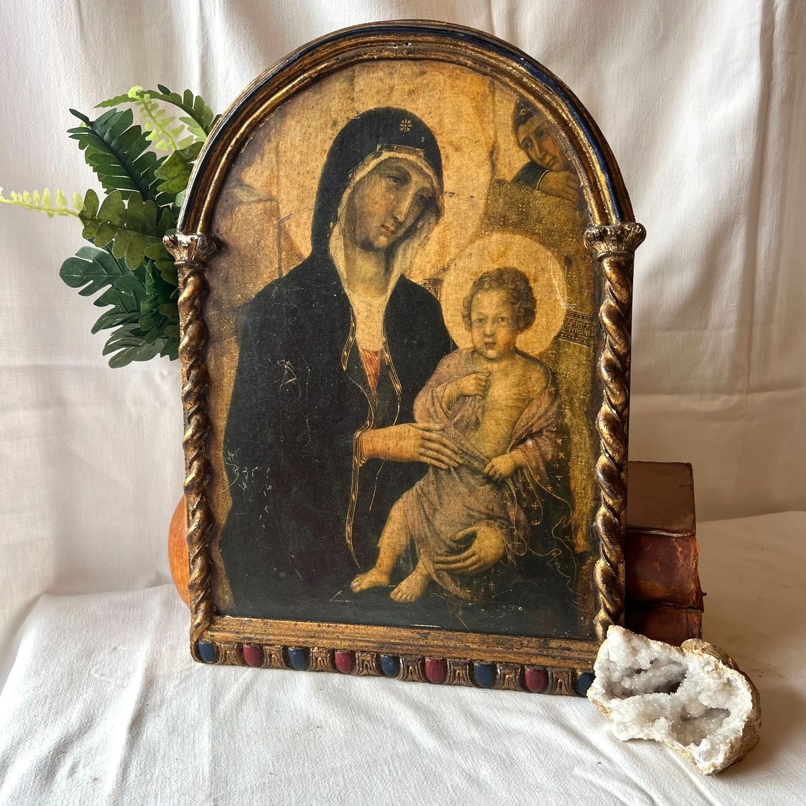 Antique Italian Florentine Barley Twist Framed Madonna & Child Religious Plaque 