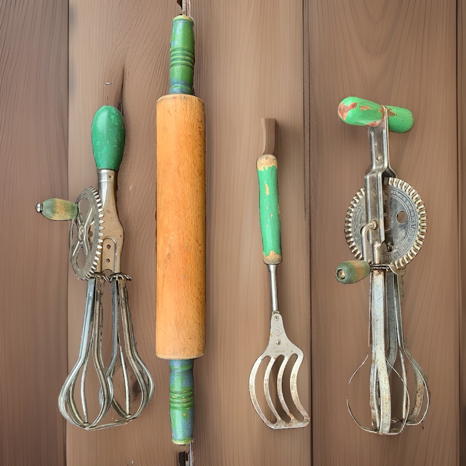 4 - VTG Green Handles Wood Rolling Pin  Egg Beaters Primitive Farmhouse Baking