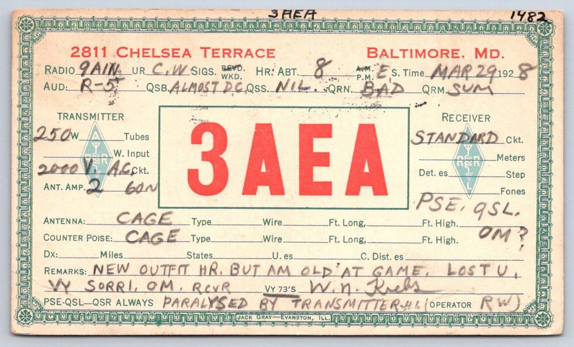Vintage QSL Radio Card 3aea Amateur Ham Equipment Specs 1928