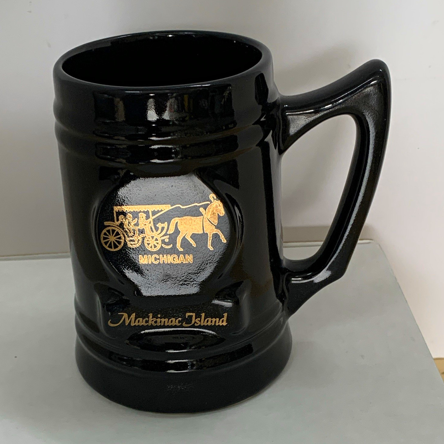Mackinac Island Michigan Black Ceramic Souvenir Mug Stein Horse & Carriage
