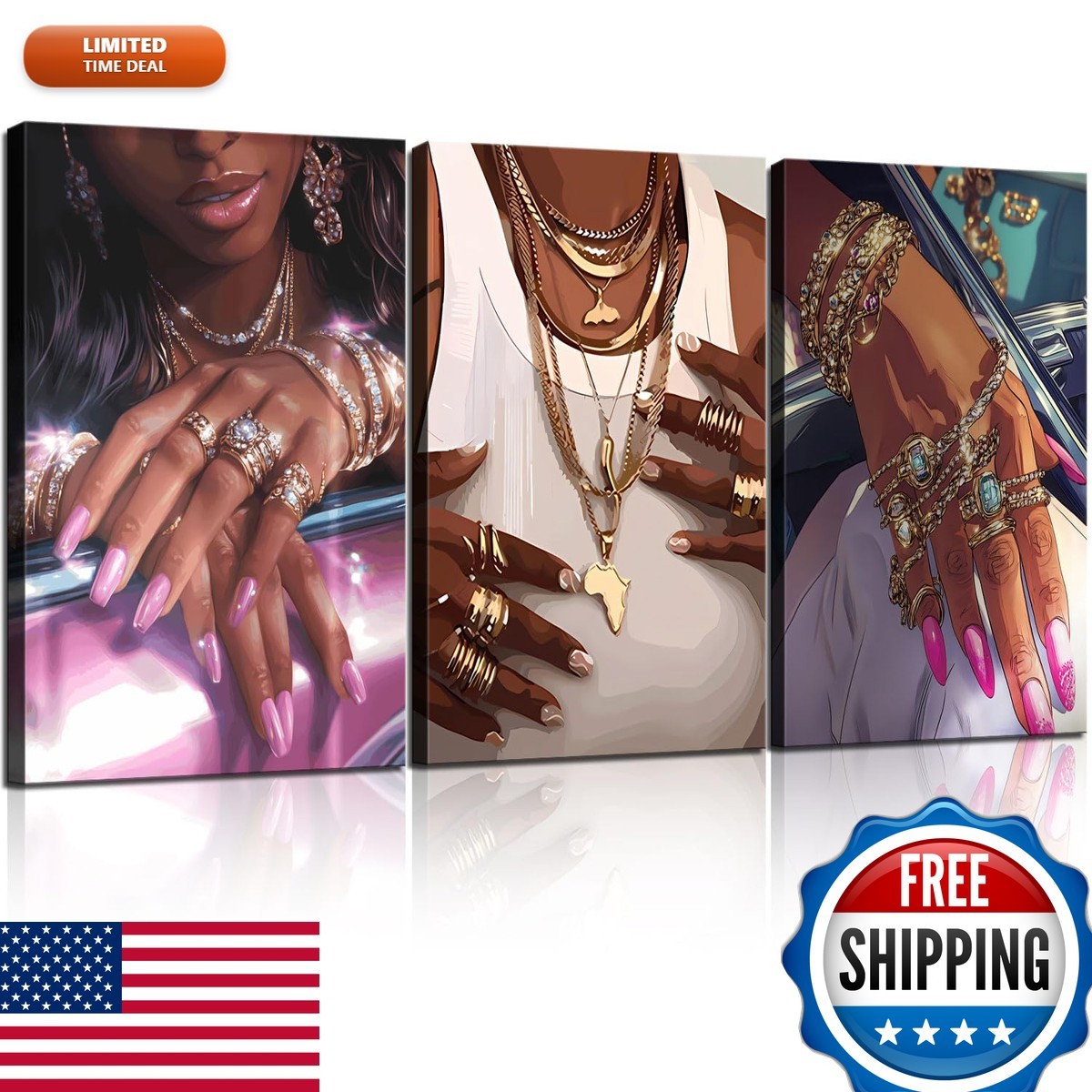 NCYEL 3Pcs Black Girls Wall Art African American Fashion Canvas Print 16X24Inch