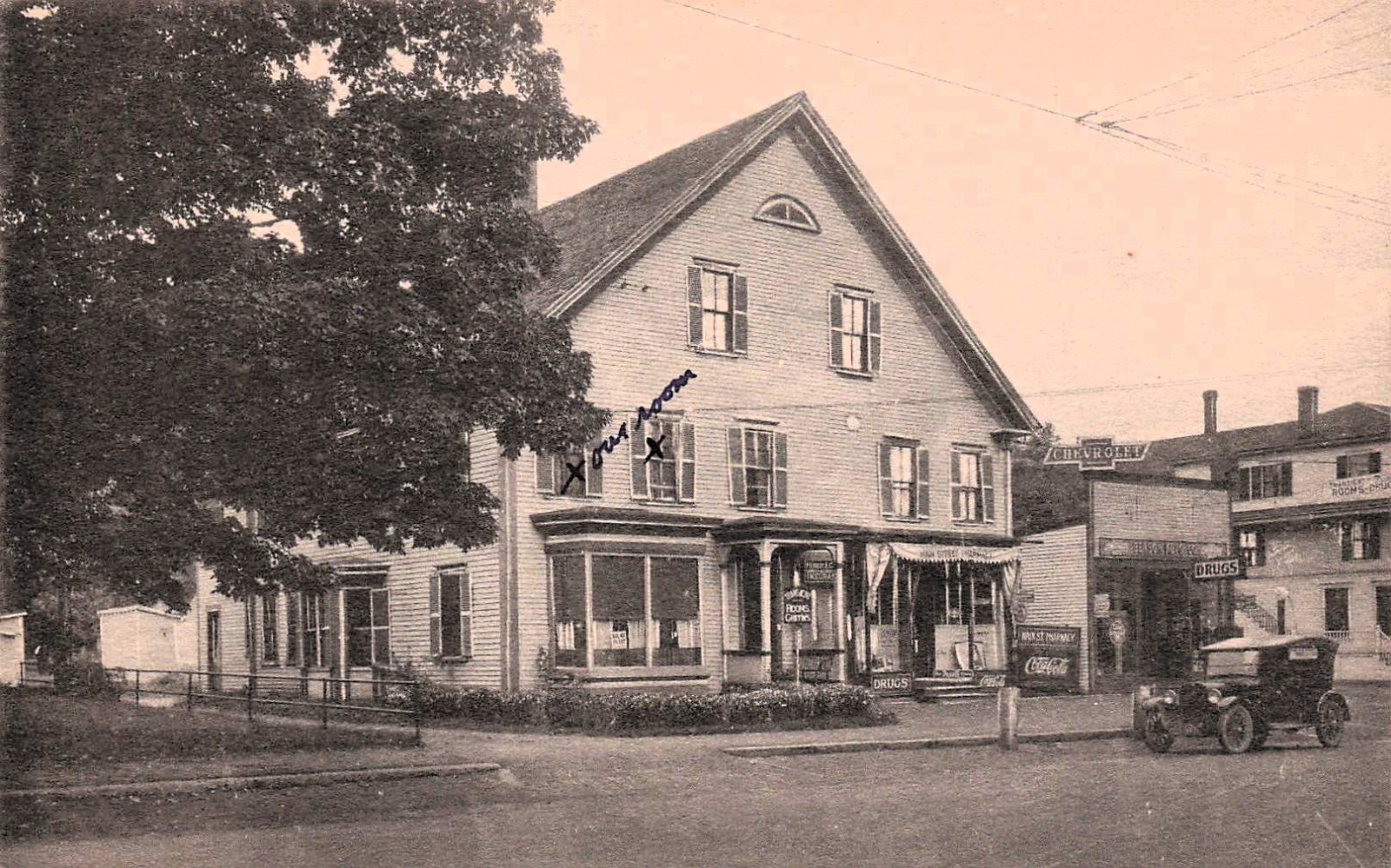 Franklin NH New Hampshire Main Street Pharmacy Chevrolet Sign Vtg Postcard I20