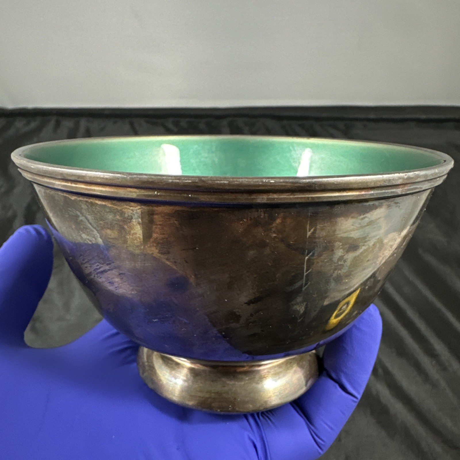 Vintage MCM Towle EP Paul Revere #5001 Silver Plate Green Enamel Footed Nut Bowl