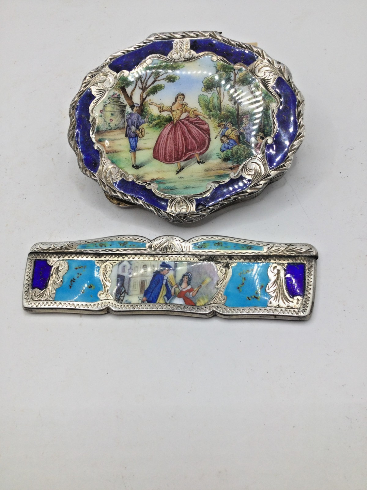 Vintage 800 Silver Enamel Compact Powder Mirror Enamel and Comb