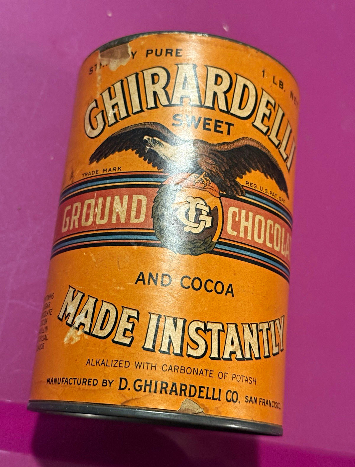Ghirardelli Vintage Sweet Ground Chocolate & Cocoa Advertising Tin Can