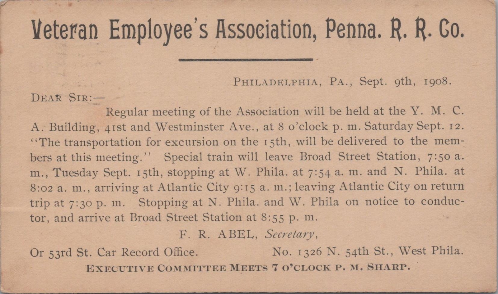 Postcard Veterans Employee\'s Association PA Railroad Co Philadelphia PA 1908