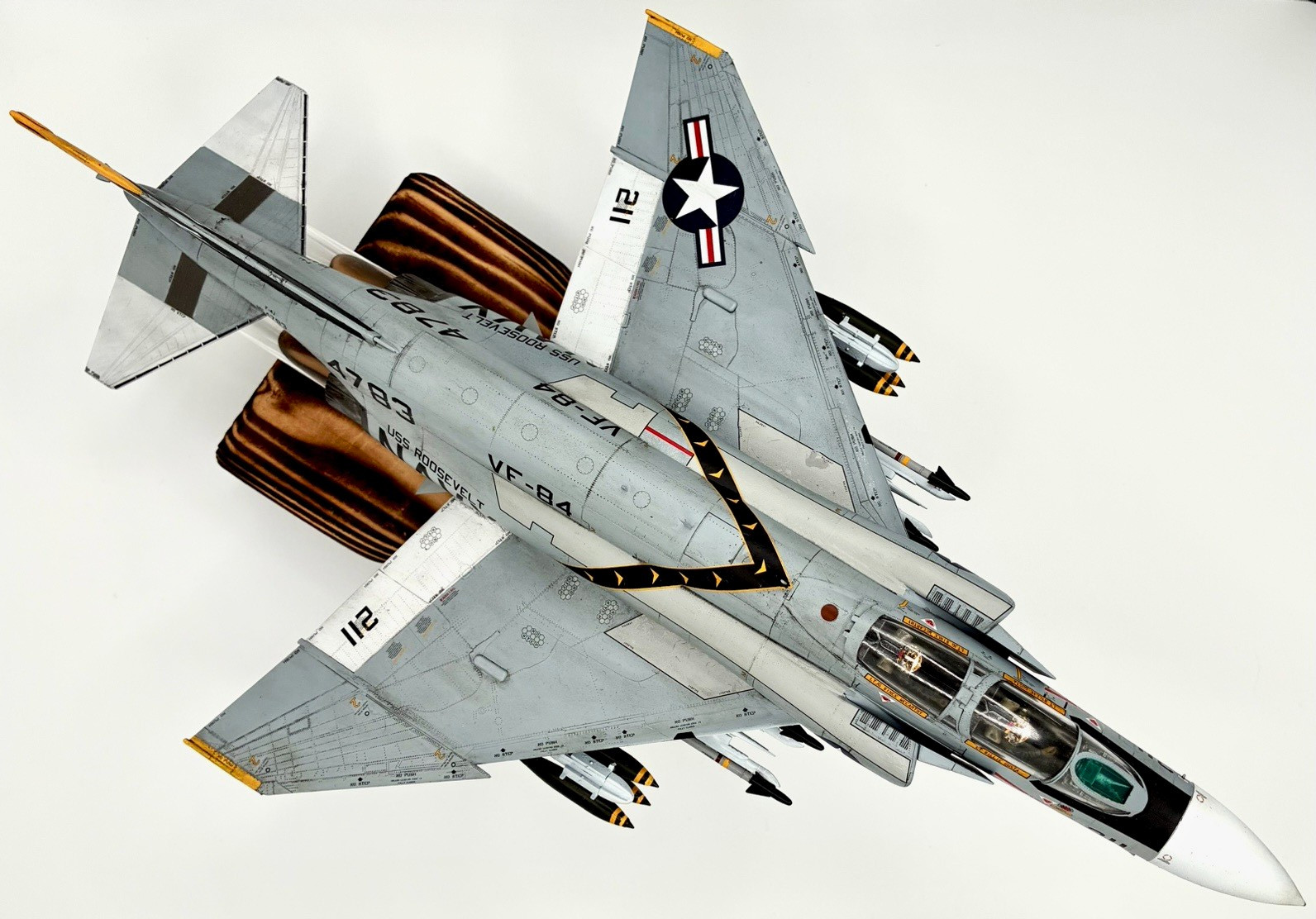 Pro built 1:48 scale F-4J Phantom scale model with custom wooden display stand