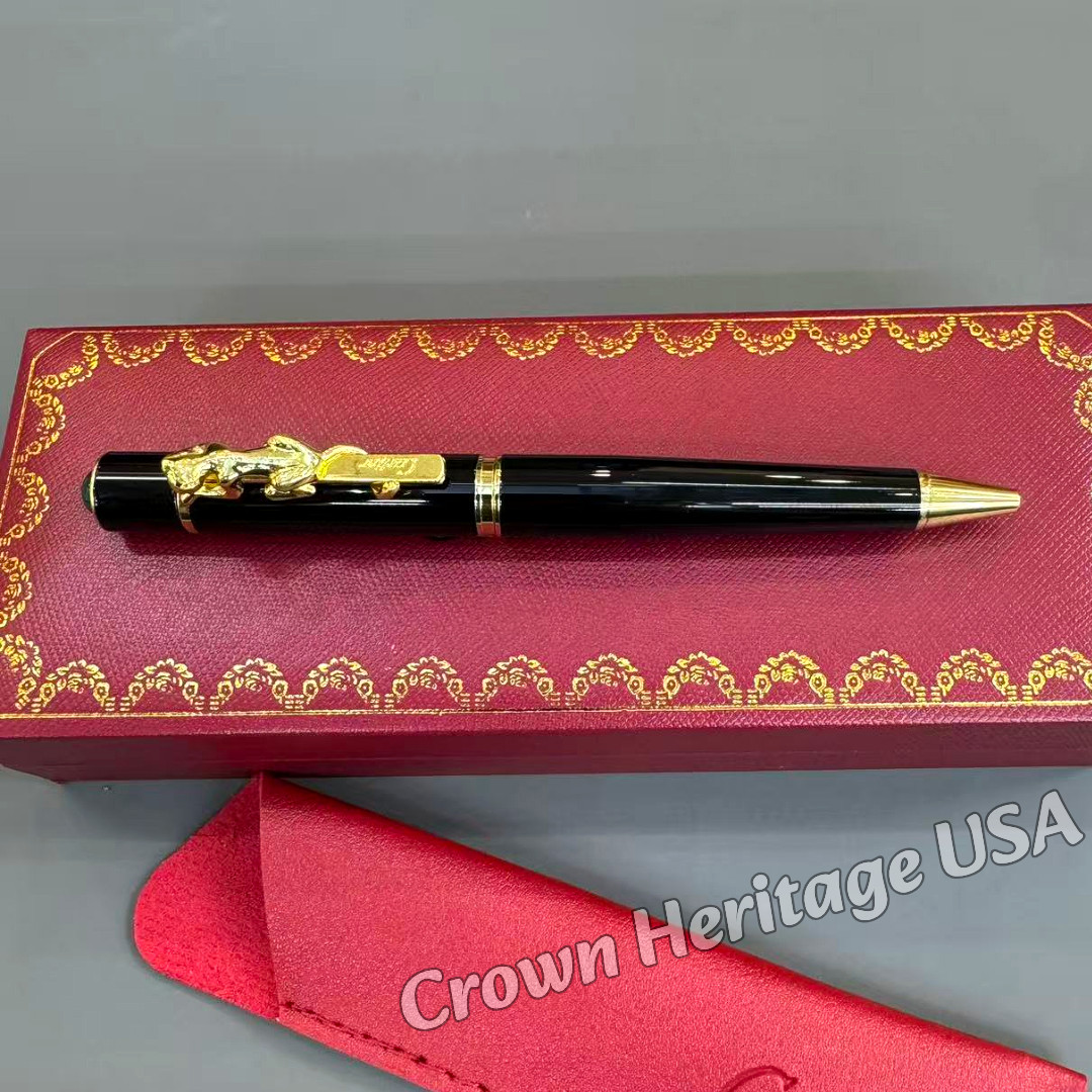CARTIER Black Lacquer Ballpoint Pen Panther Clip Gold Tone Trim Luxury