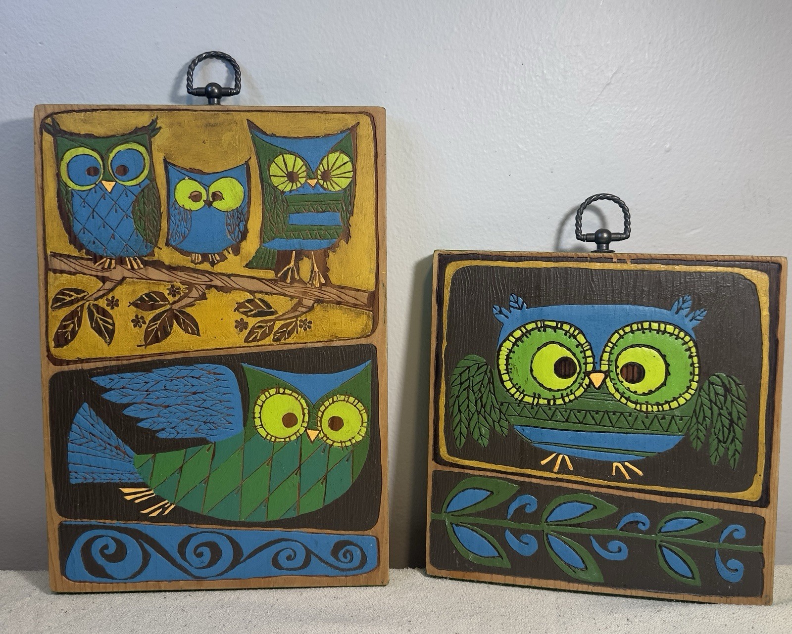 Vintage Pop Art 1970s Wood Big Eye Owl Family Wall Plaques Mid Century Folk Art