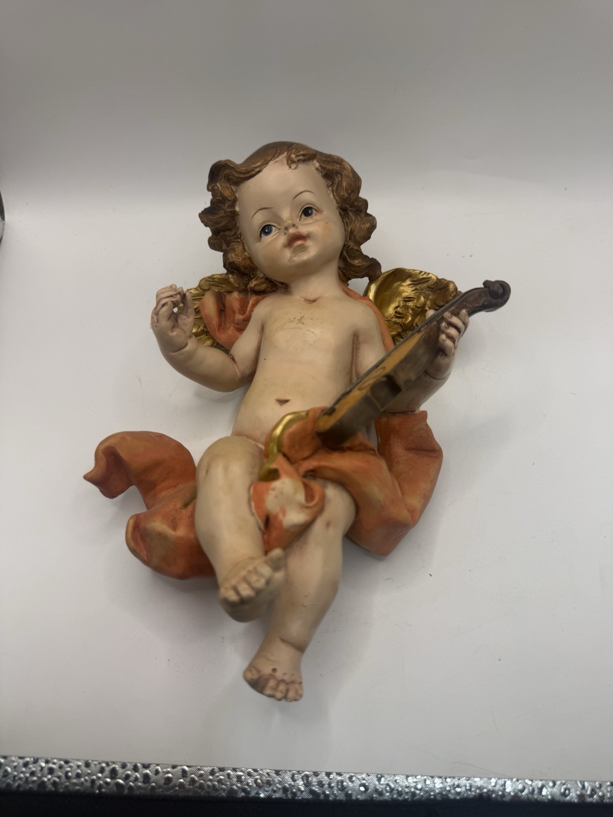 Vintage Cherub Angel Violin Player Wall Hanging Gold Wings 9” Baroque *