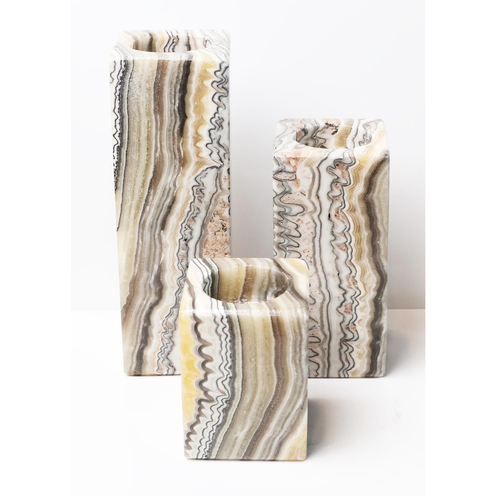Mexican Zebra Onyx Candle Holders, Graduated Set of Three