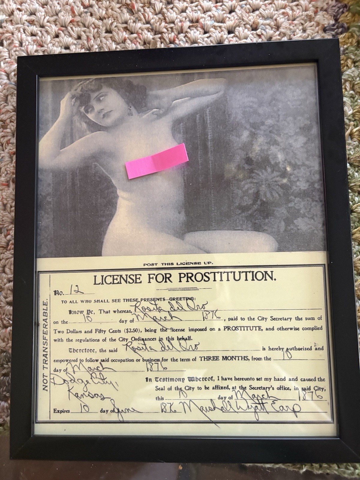 Dodge City, Kansas. Brothel License Prostitution Framed Vintage 1876 w/Picture Dodge City, Kansas. Brothel License Prostitution Framed Vintage 1876 w/Picture