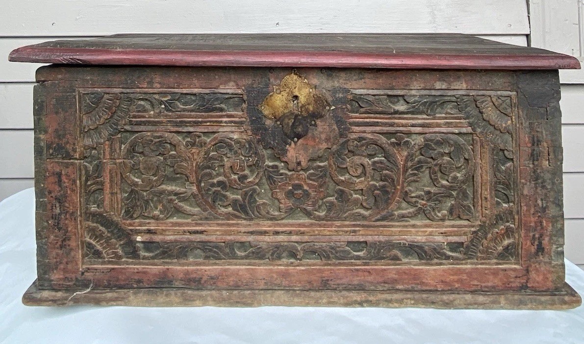 OLD Colonial Dutch Painted Wood Bible Document Box Carved Leaf Motif