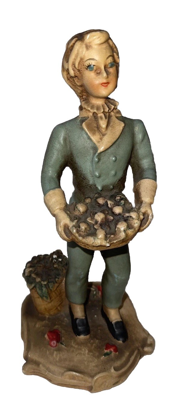 Cute Antique 1940s Figurines New Art Wares Chalkware French Man Holding Basket 