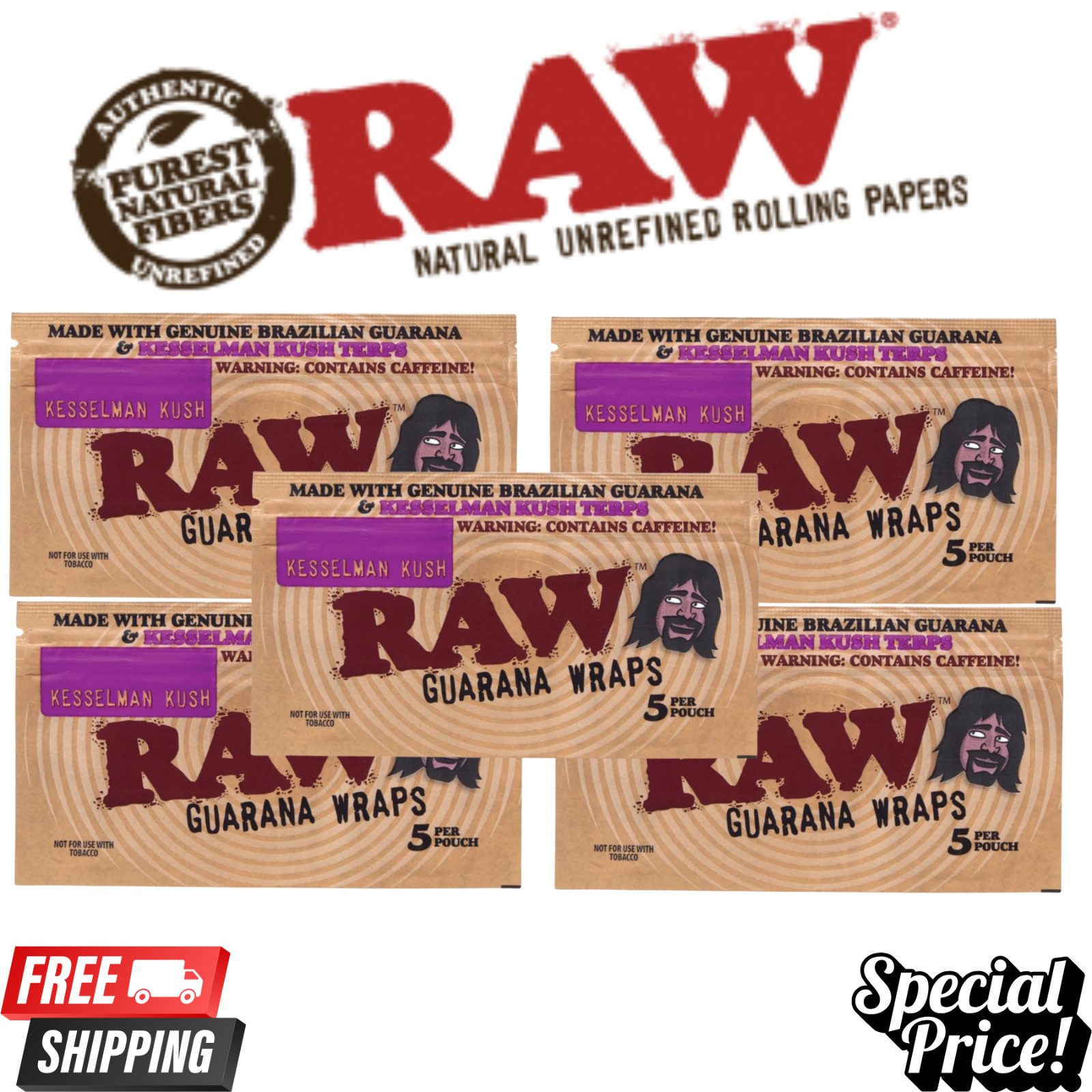 RAW Guarana Wraps Kesselman Kush Caffeinated Rolling Papers 5 Packs 25 Wraps