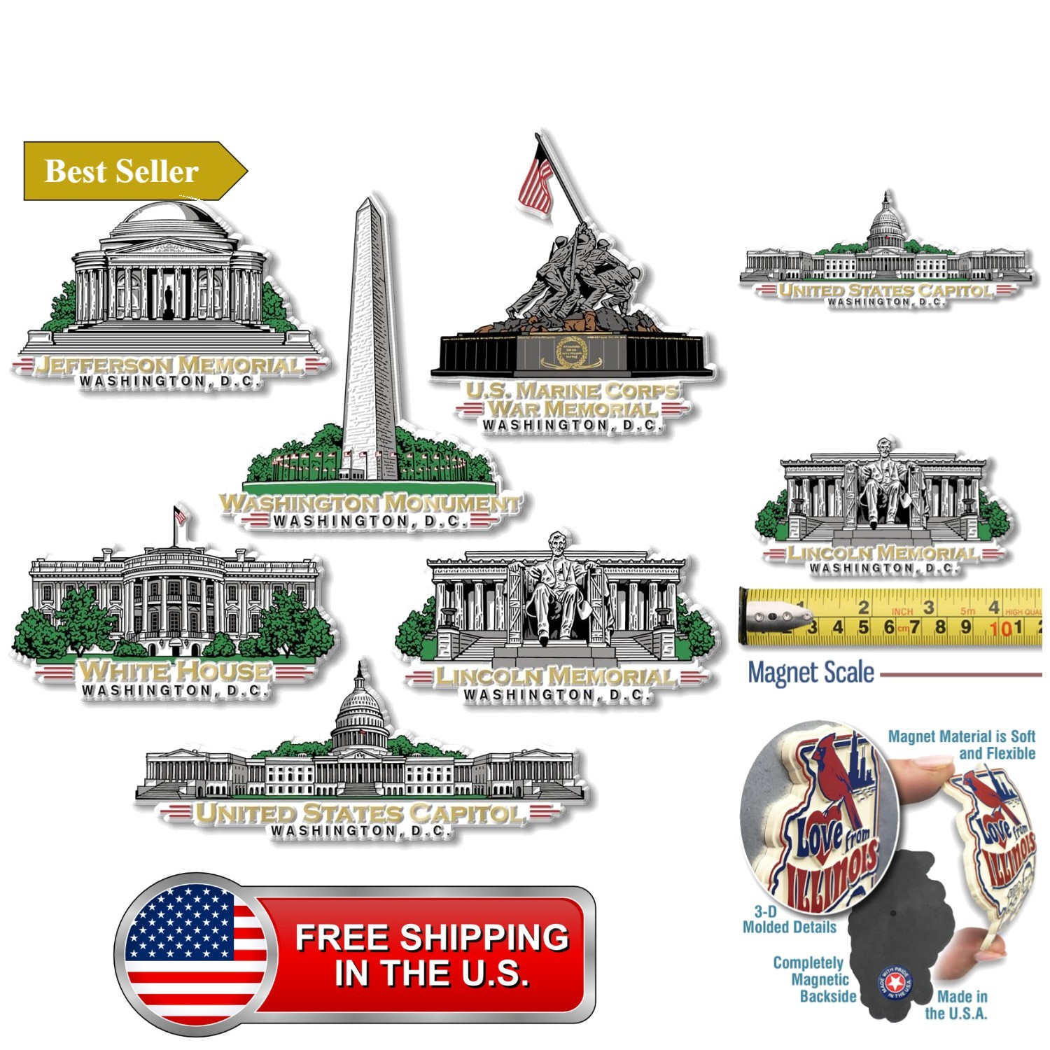Washington DC Monument Magnet Set of 6 by , 3D Rubber Vintage-Style Collectib...