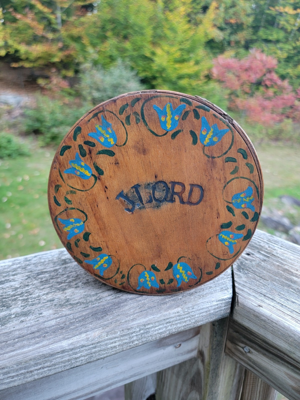 Vintage Hand-Painted Bentwood Box “J. LORD” Folk Art Blue Tulips ~6\