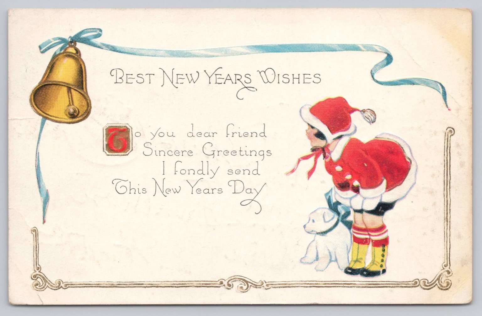 1926 New Year Postcard Child in Santa Suit Dog Bell French Lick Indiana