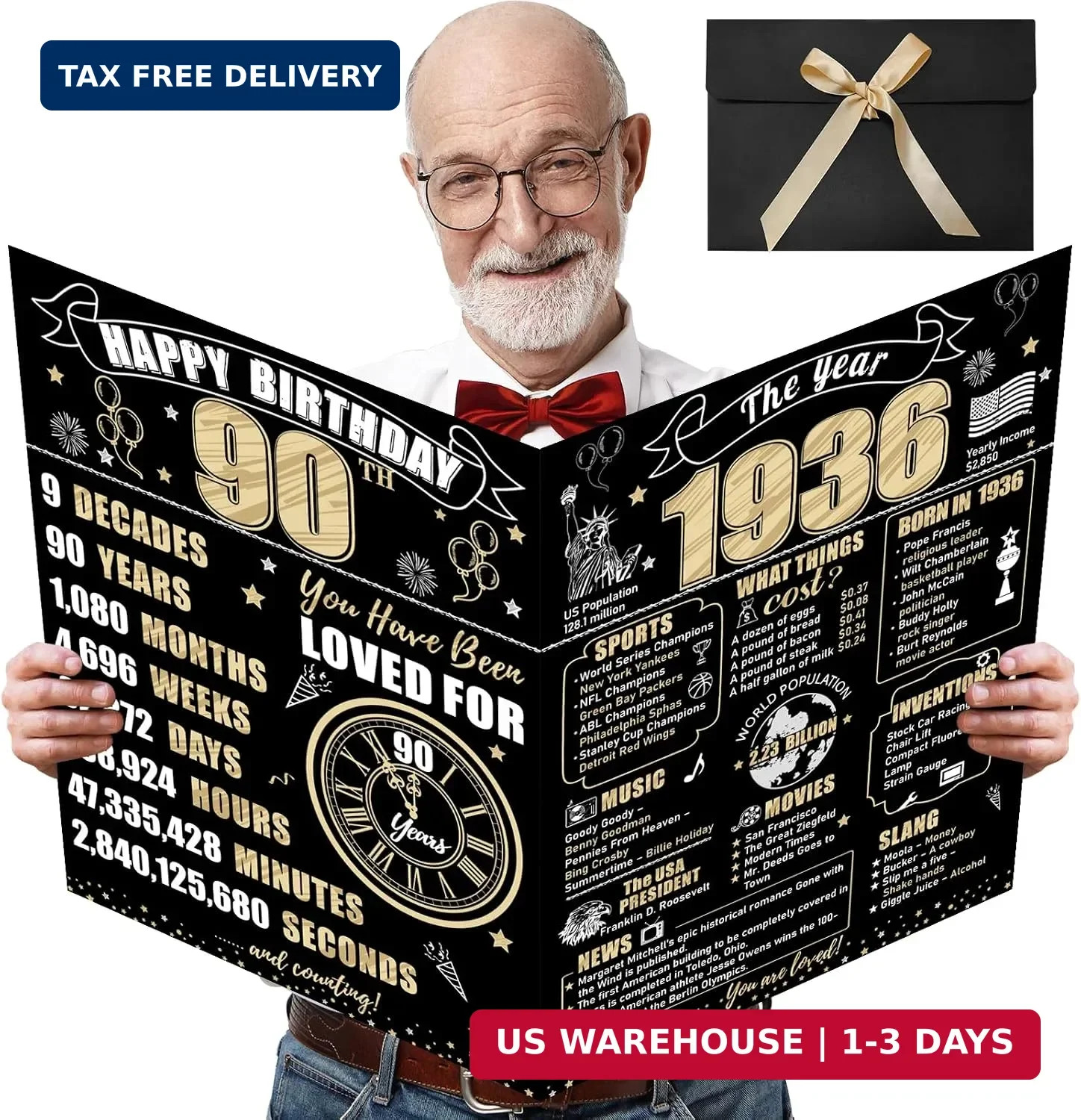 Turypaty Large 90th Birthday Card With Envelope for Men Women, 1936 Black Gold H