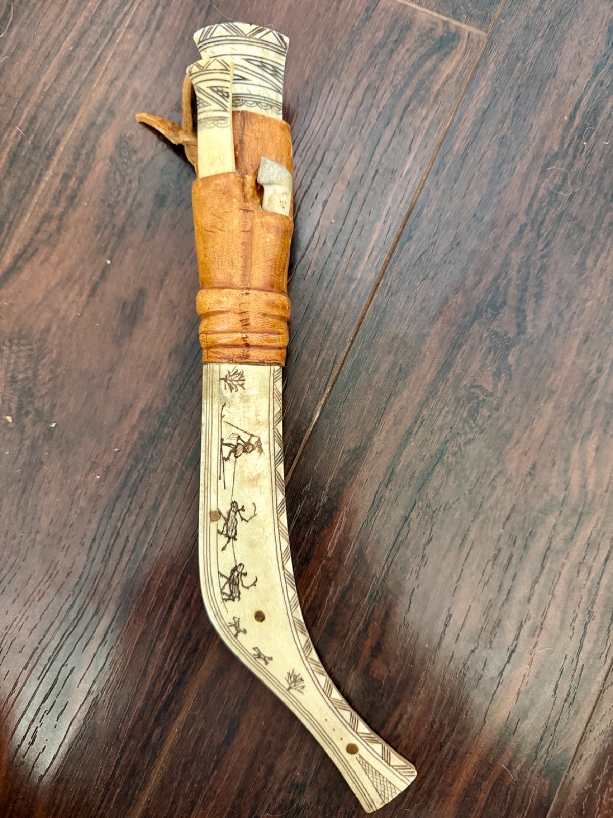 Vintage Swedish Sami 3 Knife Set Engraved Reindeer Antler Leather Sheath Lapland