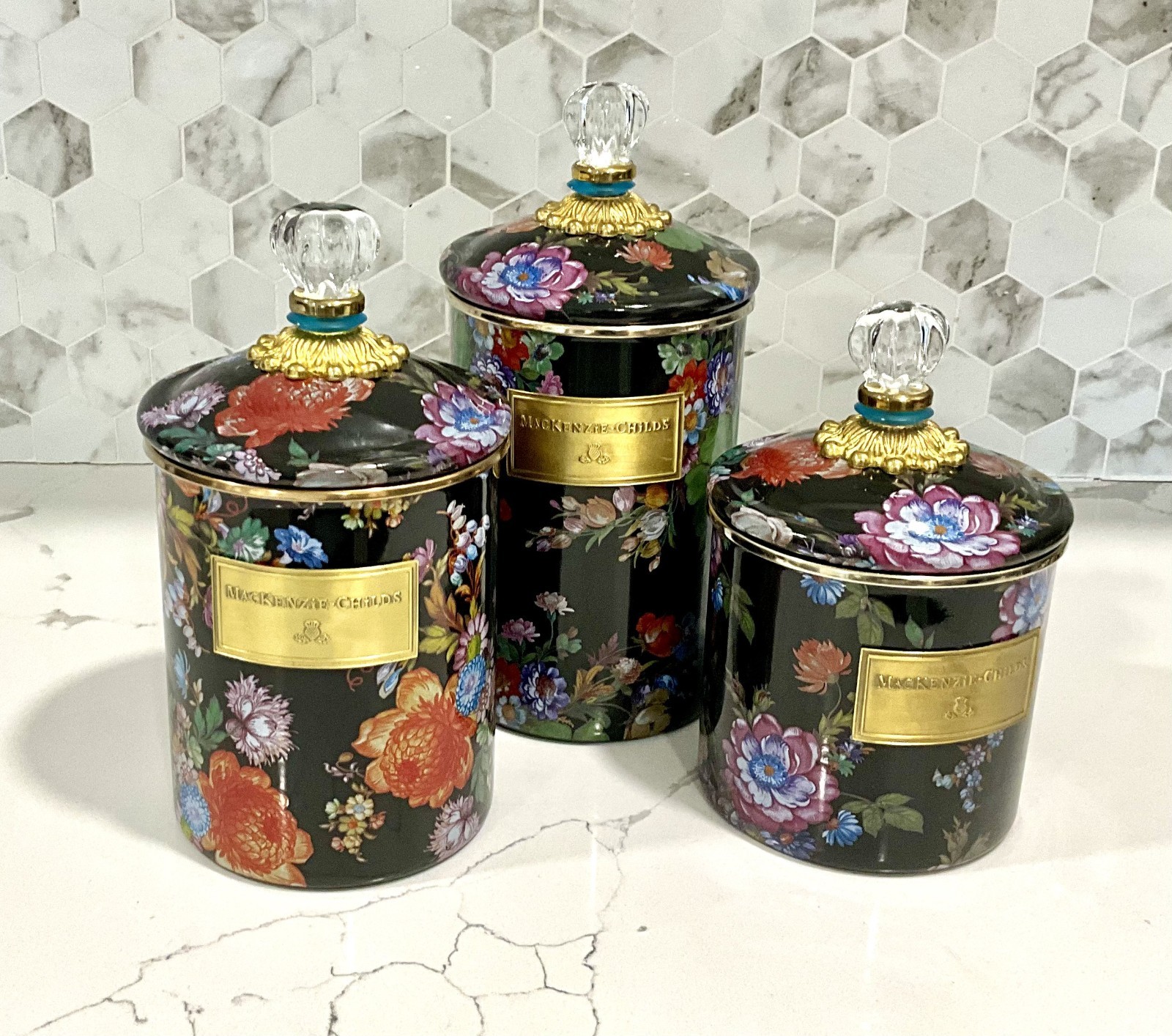 RETIRED MacKenzie-Childs Black Flower Market Enamel Canisters Set /3 Knobs EUC