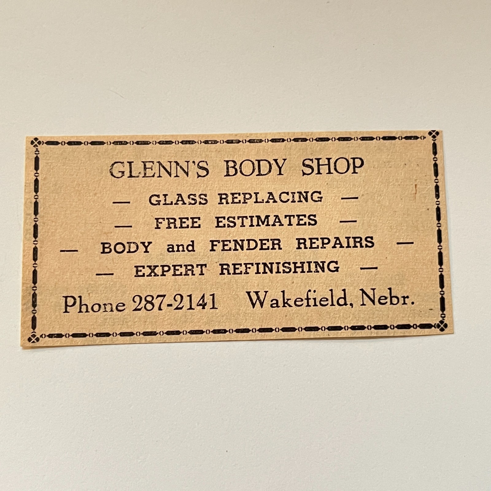 Glenn's Body Shop Glass Replacing Wakefield NE 1965 Nebraska Ad TAK4-S8