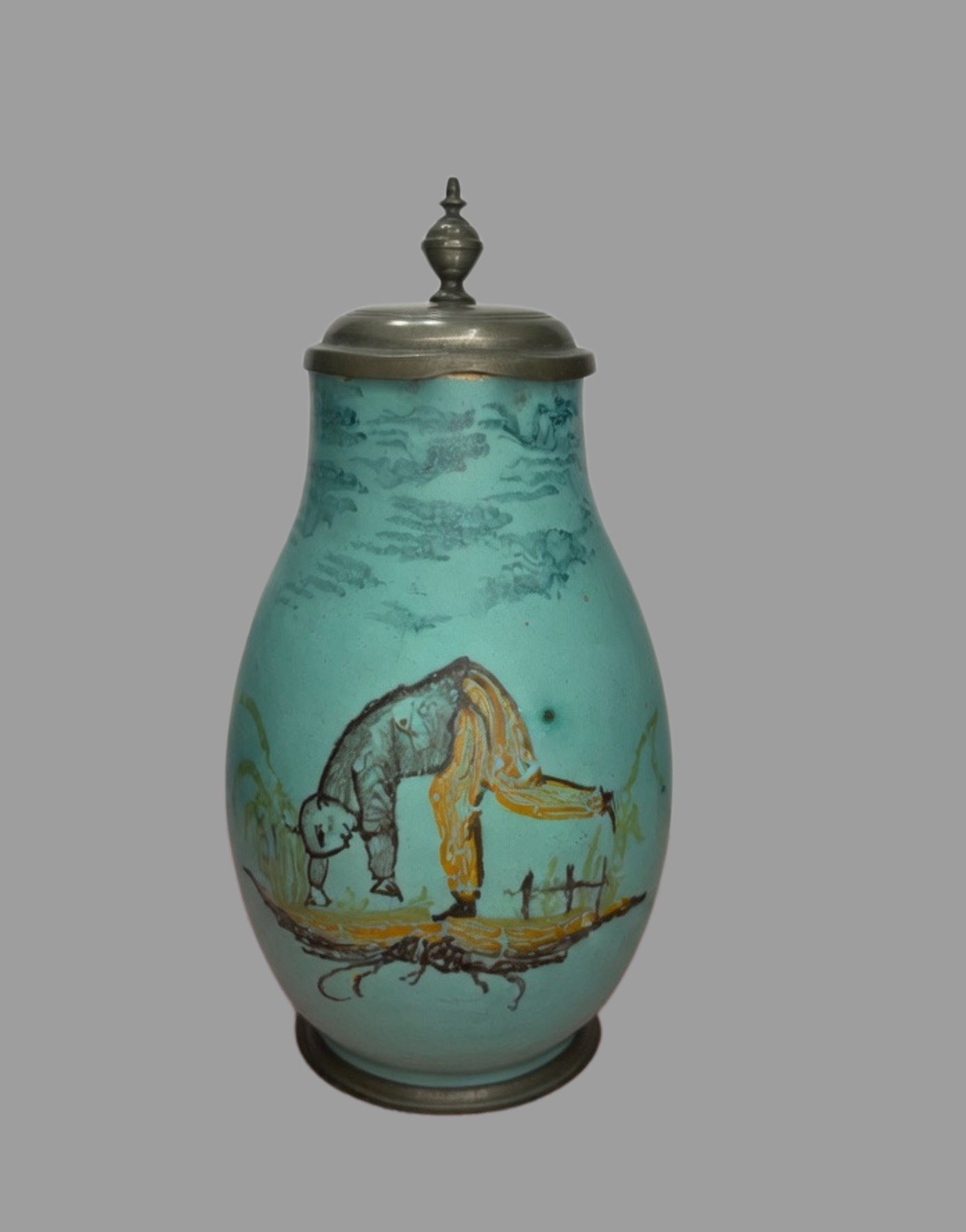 Antique 18thC German Faience Stein Birnkrug Schrezheim Turquoise Pewter Lid M.M.