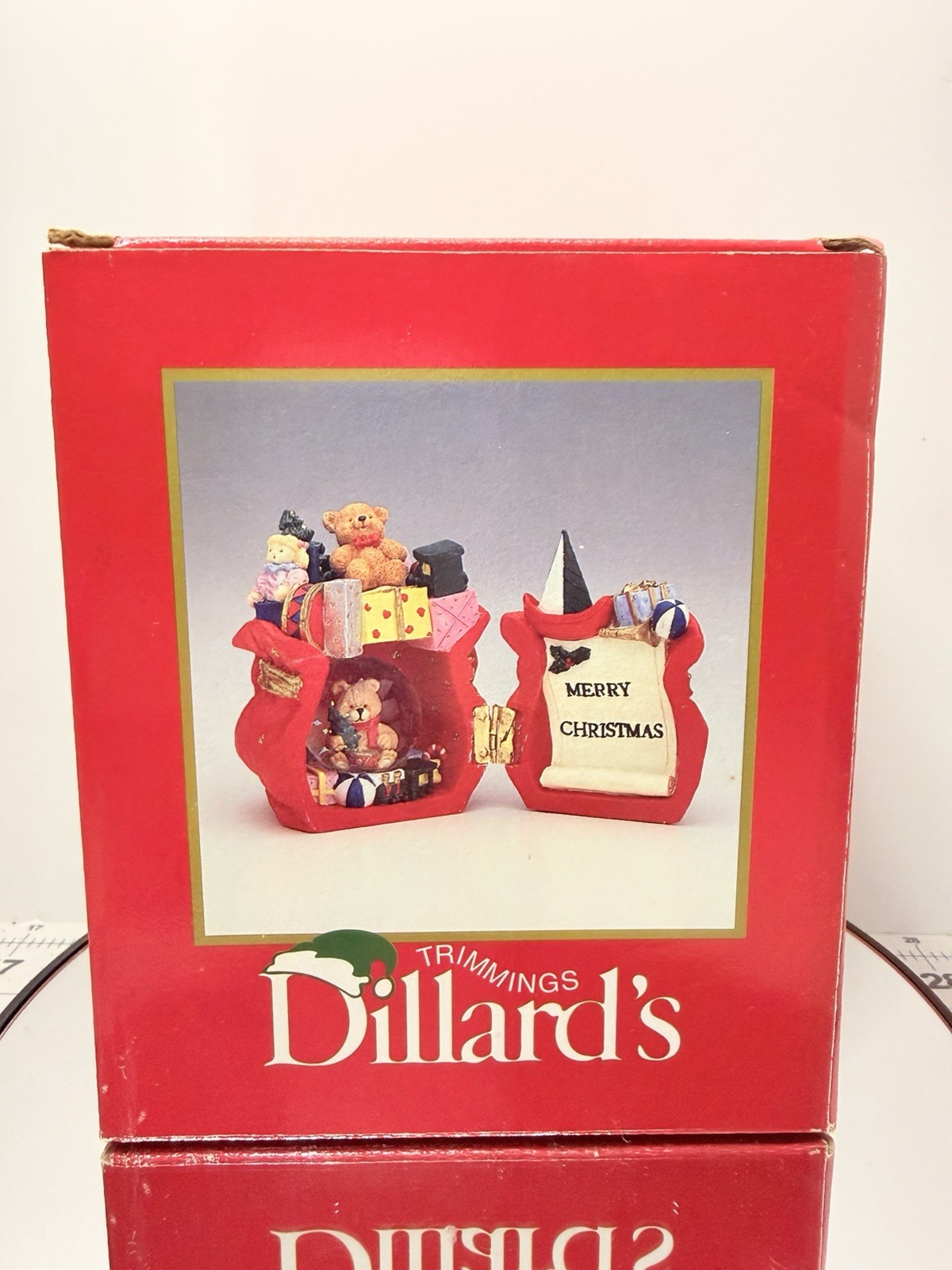 Vintage Dillard's Trimmings Hinged Toy Bag Waterglobe Teddy Bear Christmas