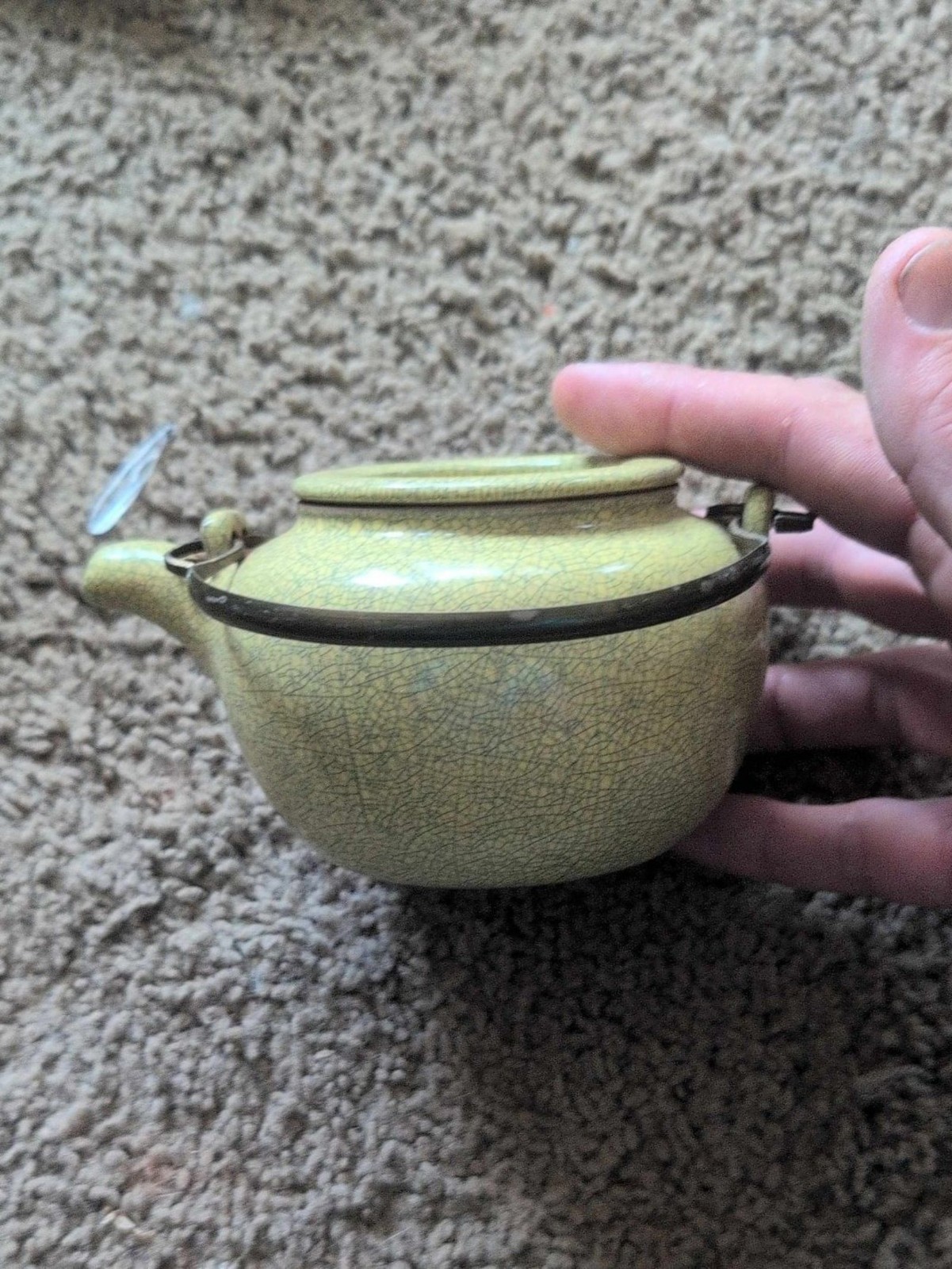 Vintage Chinese Yixing Zisha Teapot Green Crackle Glaze Export CCCI Stamp Box