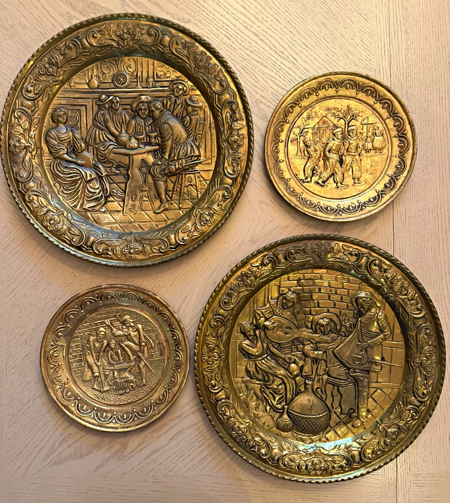 Lot of 4 Vintage Embossed Brass Wall Plates - 16.5” and 10”