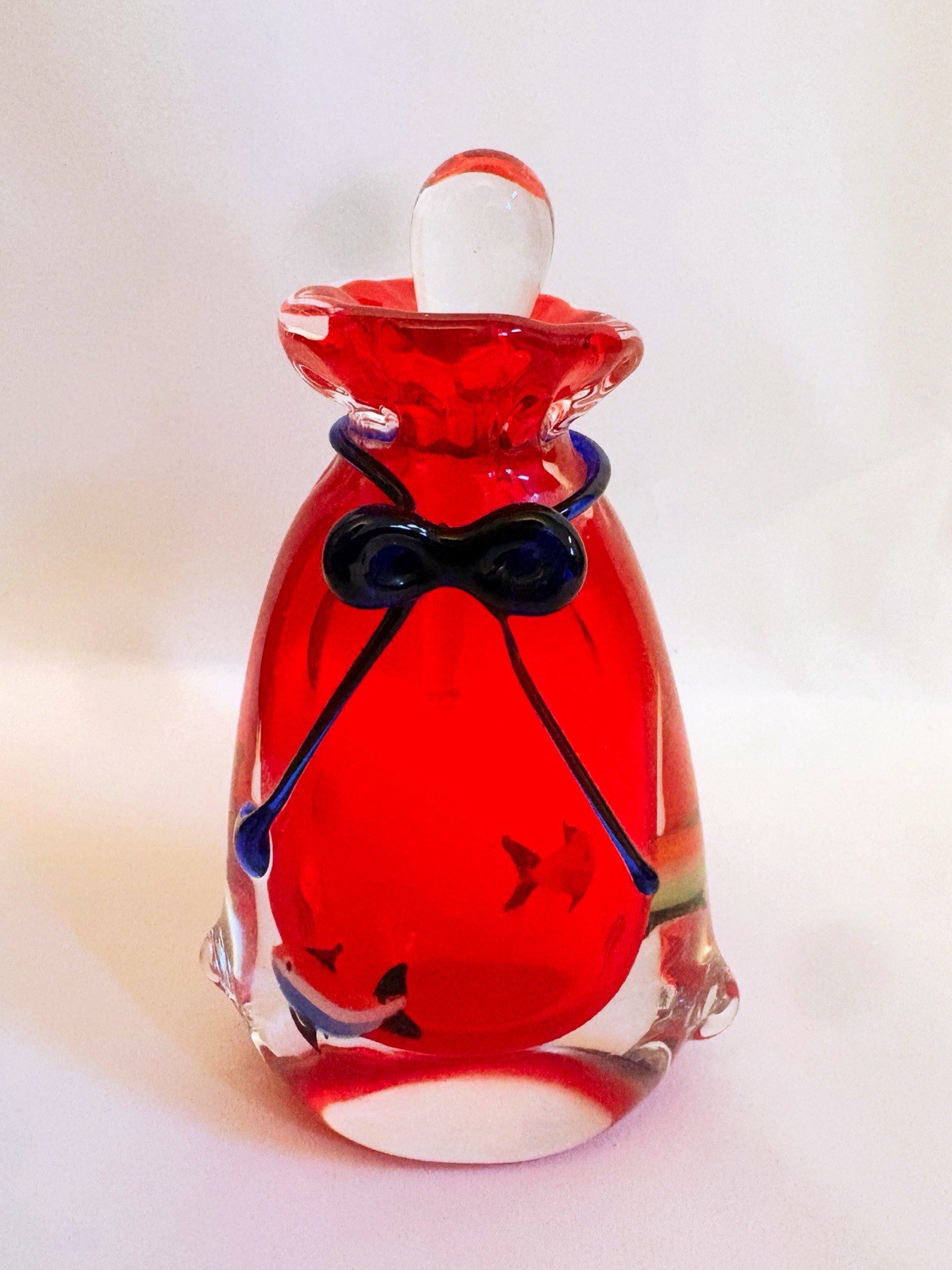 Vintage Murano Style Art Glass Perfume Bottle With Stopper, Red Blown Glass