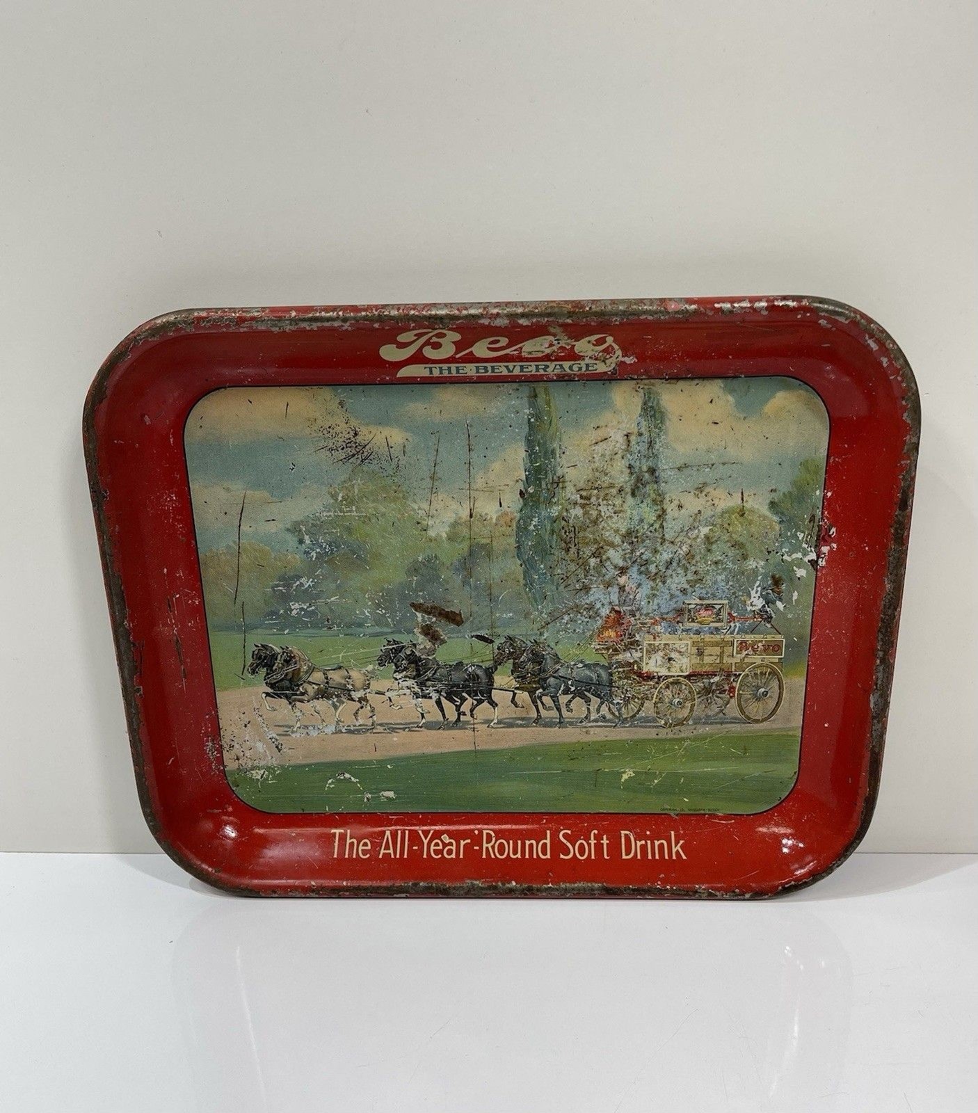 Vintage 1930s Prohibition Anheuser Busch Bevo All Year Round Soft Drink Tin Tray