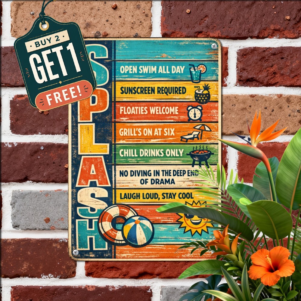 Vintage Swimming Pool Welcome Sign Summer Patio Wall Art Metal Tin Plaque