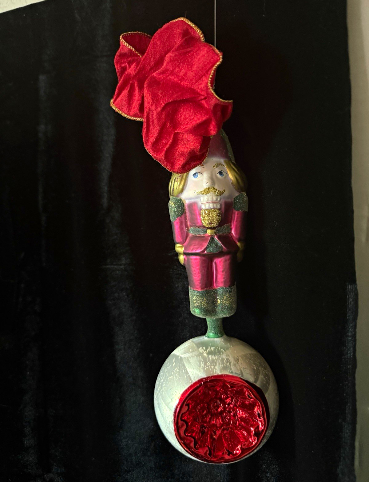 Vintage Christopher Radko Glass Nutcracker Ornament Red Indent Reflector Ball