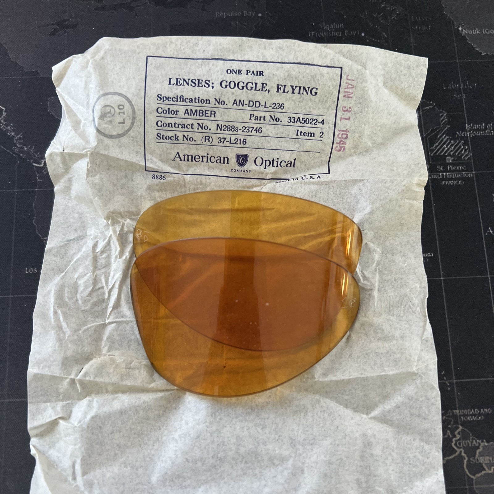 Amber Goggle Lens WW2 NOS AN-DD-L236 Fits AN-6530