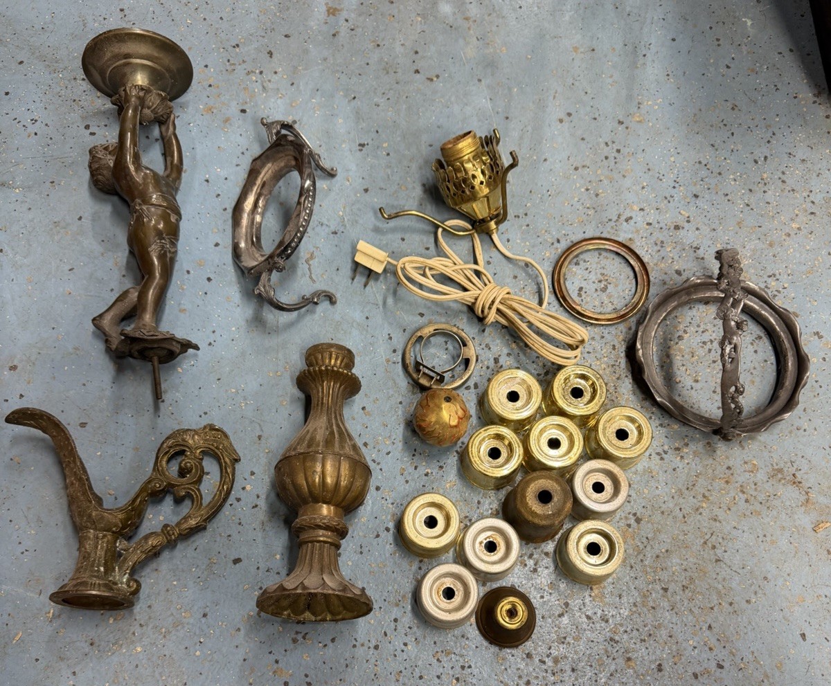Vintage Antique Brass And Silver Lamp Misc Parts And Pieces