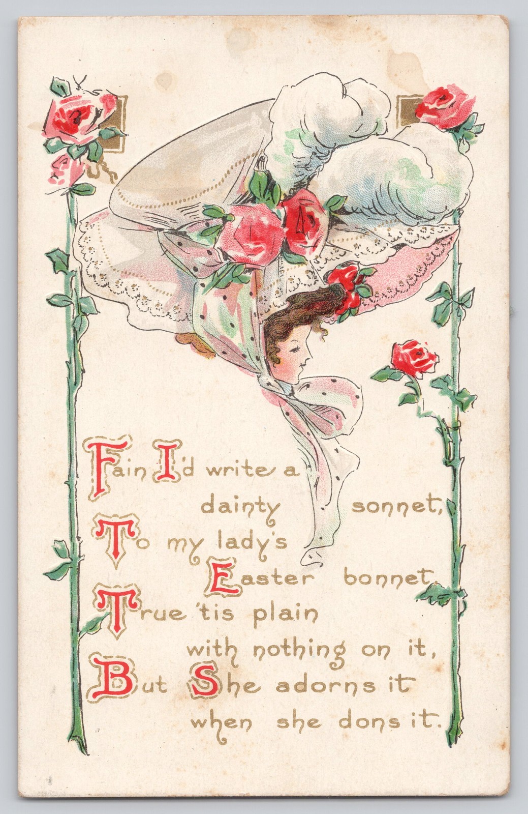 Antique Easter Bonnet Poem Postcard Fashion Lady Roses Embossed c1910
