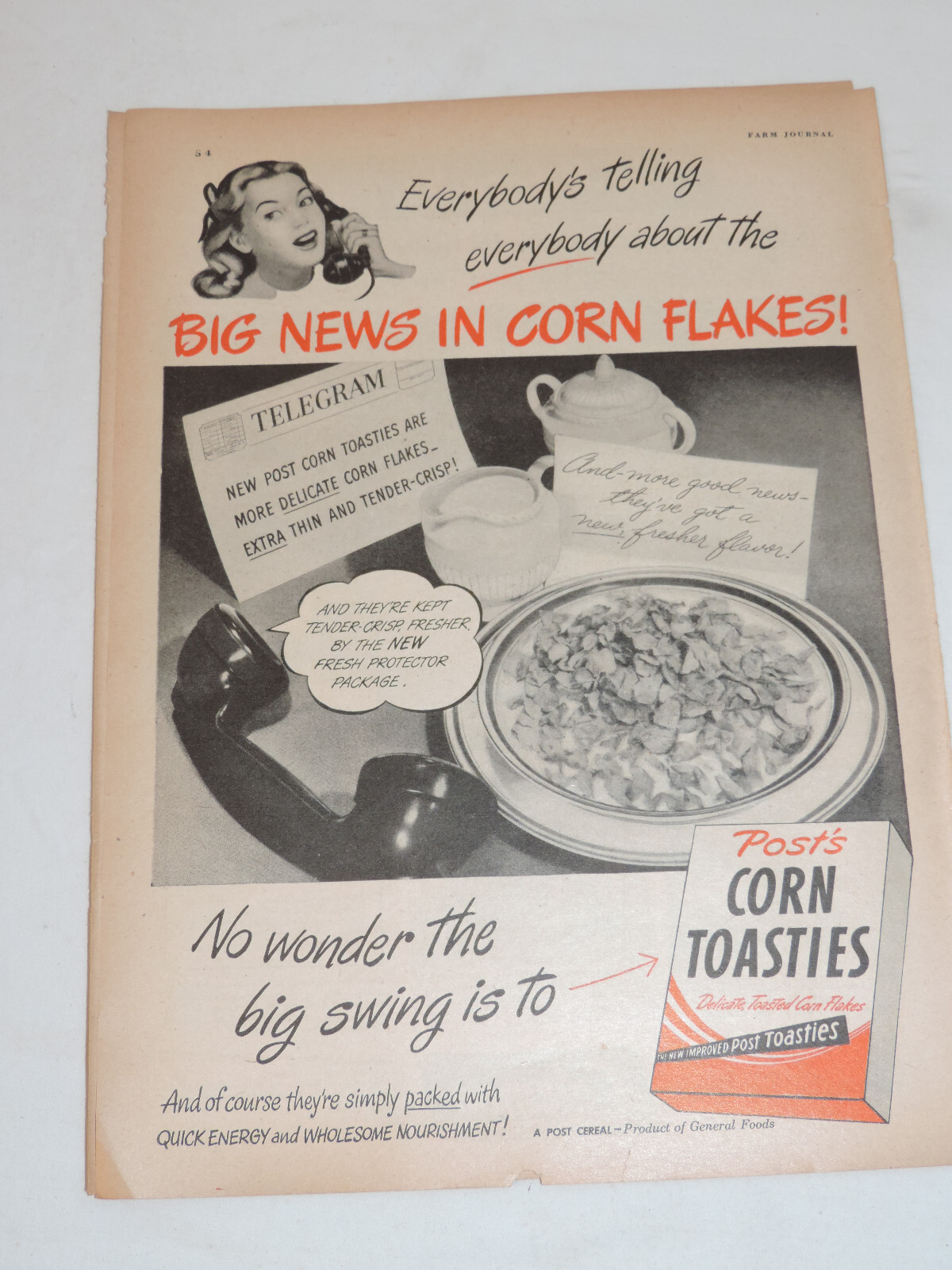 1947 POST'S CORN TOASTIES CEREAL Full Page Multi-Color Print Advertisement